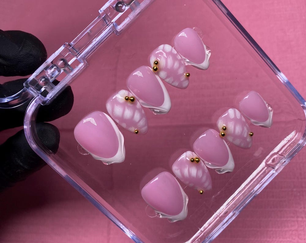 Luxury handmade white design press on nails with gold detail